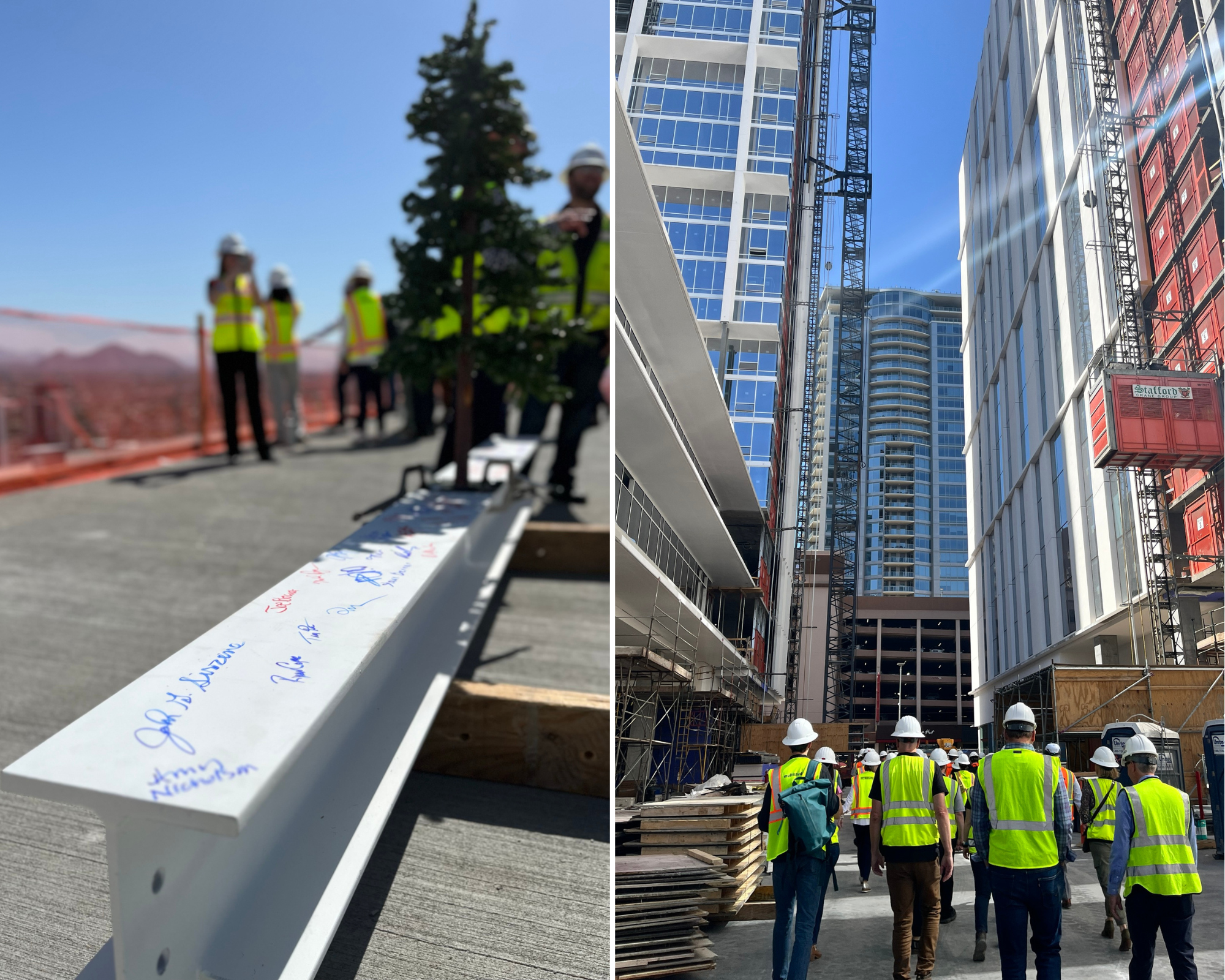 City leaders and project managers signed the last beam of the East Tower structure at Central Station, where they received a tour of the construction site. 